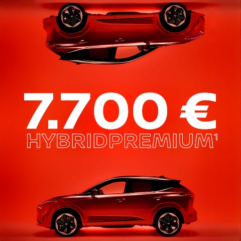 Der Nissan Qashqai e-POWER wird vor einem leuchtend roten Hintergrund mit dem Schriftzug „HYBRID PREMIUM“ präsentiert.