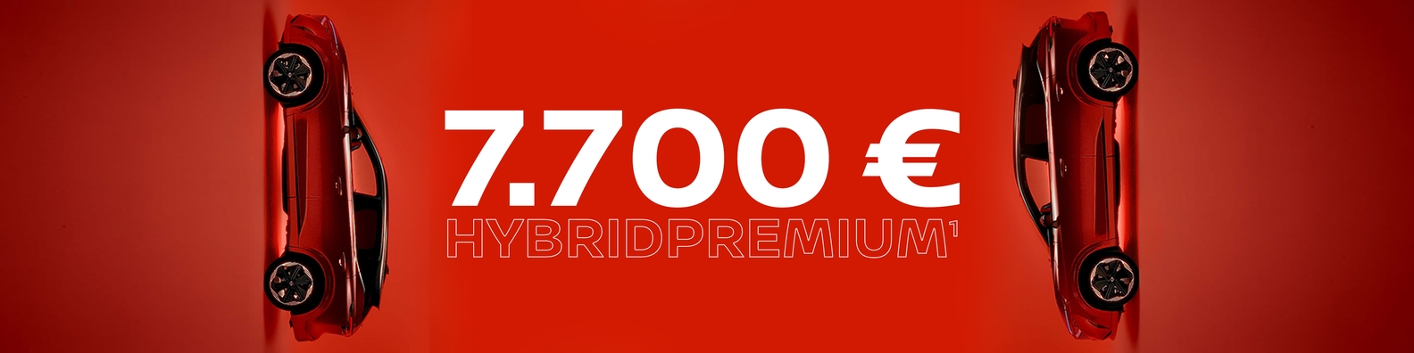 Der Nissan Qashqai e-POWER wird vor einem leuchtend roten Hintergrund mit dem Schriftzug „HYBRID PREMIUM“ präsentiert.